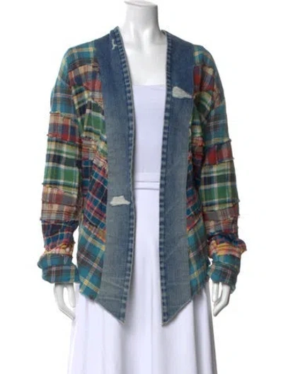 Pre-owned Greg Lauren Plaid Print Open Front Top In Blue