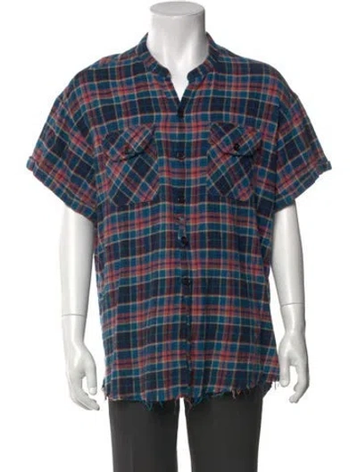 Pre-owned Greg Lauren Plaid Print Short Sleeve Shirt In Blue
