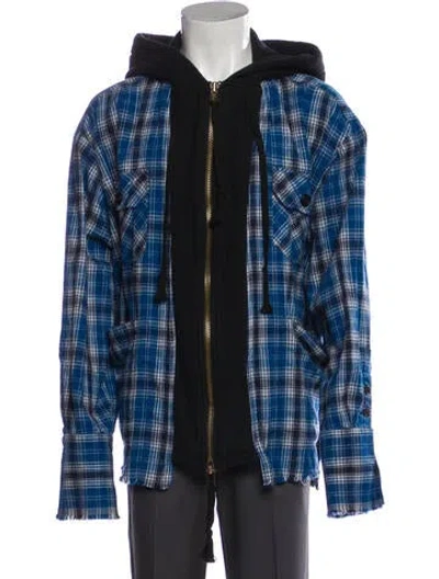 Pre-owned Greg Lauren Plaid Print V-neck Hoodie In Blue