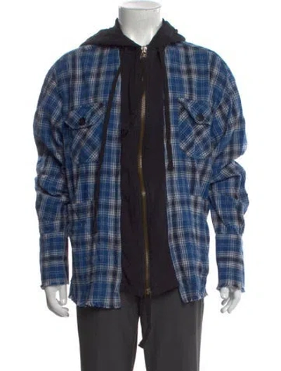 Pre-owned Greg Lauren Plaid Print V-neck Hoodie In Blue