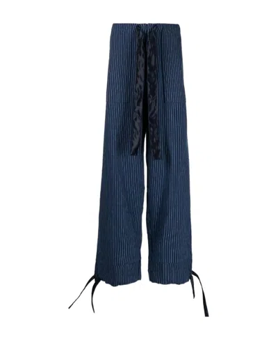 Greg Lauren Striped Drawstring Straight Trousers In Blue