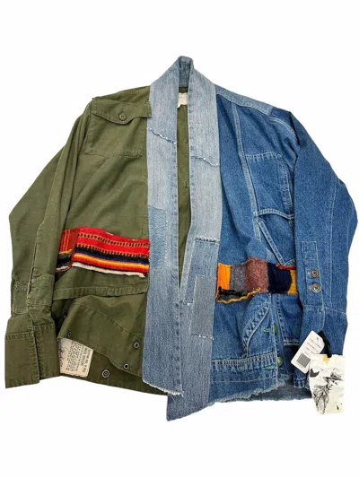 Pre-owned Greg Lauren Sz2 Denim Baker Gl1 Sleeping Bag Kimono In Green