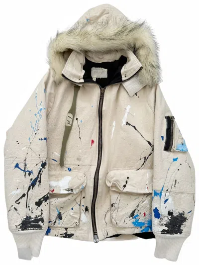 Pre-owned Greg Lauren Sz2 Sample Painted Puffer Canvas Parka In Sand