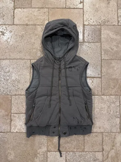 Pre-owned Greg Lauren T Puffy Fleece Zip Front Distressed Hooded Vest