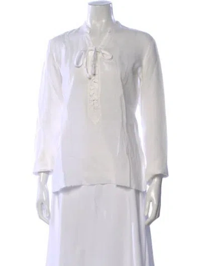 Pre-owned Greg Lauren Tie Neck Long Sleeve Top In White