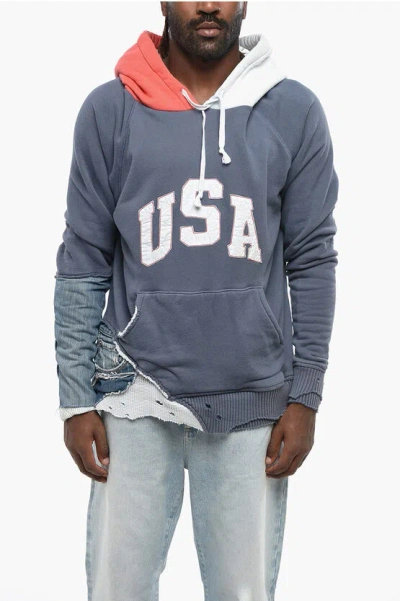 Greg Lauren Vintage Effect Hoodie With Denim Details In Blue