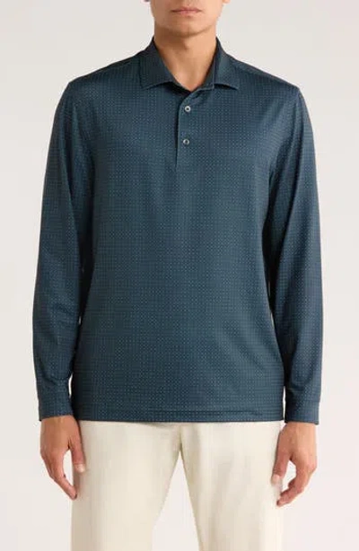 Greg Norman Knotweed Print Long Sleeve Performance Golf Polo In Blue