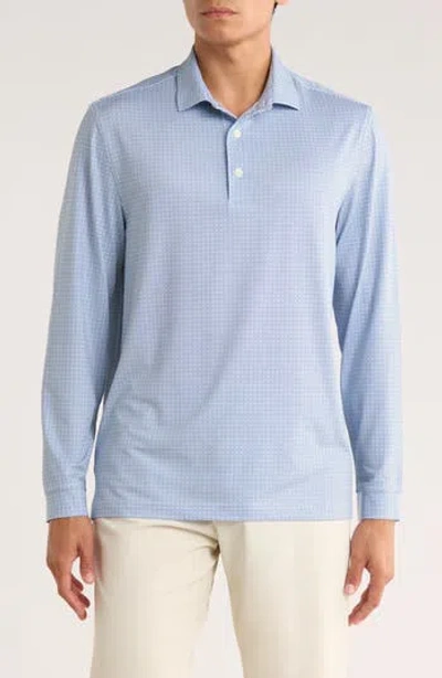 Greg Norman Knotweed Print Long Sleeve Performance Golf Polo In Blue