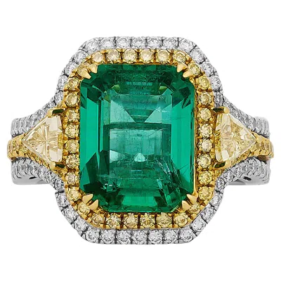 Pre-owned Gregg Ruth 18k Tt Gold Emerald And Double Diamond Halo Three-stone Ring In Green