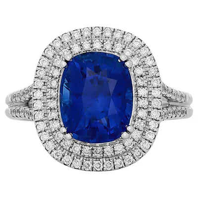 Pre-owned Gregg Ruth 18k White Gold Cushion Sapphire And Double Diamond Halo Ring