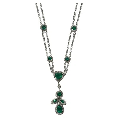 Pre-owned Gregg Ruth Ornate Emerald & Diamond Necklace In Green