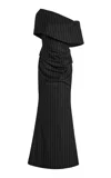 Greta Constantine Aloseph Asymmetric Pinstriped Gown In Black