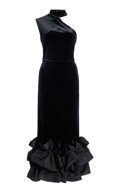 Greta Constantine Caladel Silk-trimmed Velvet Midi Dress In Black