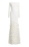 Greta Constantine Cashia Satin Boatneck Textured Gown In White