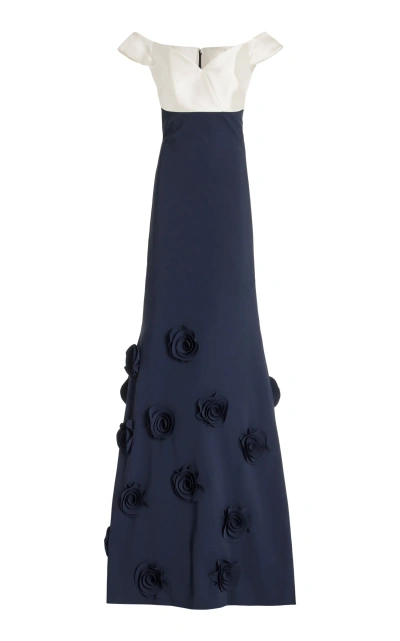 Greta Constantine Goro Satin-trimmed Rosette-embellished Crepe Off-the-shoulder Gown In Black
