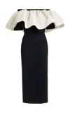 Greta Constantine Mardea Satin Trim Off-the-shoulder Ruffled Column Midi Dress In Black,white