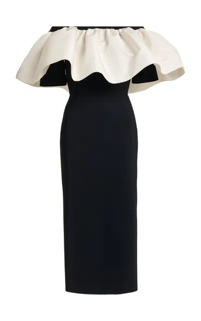 Greta Constantine Mardea Satin Trim Off-the-shoulder Ruffled Column Midi Dress In Black,white