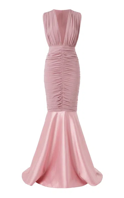 Greta Constantine Mergan Ruched Silk-wool Maxi Dress In Pink