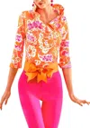 Gretchen Scott 3/4 Sleeve Ruffneck Top In Flora Pink/orange In Orange