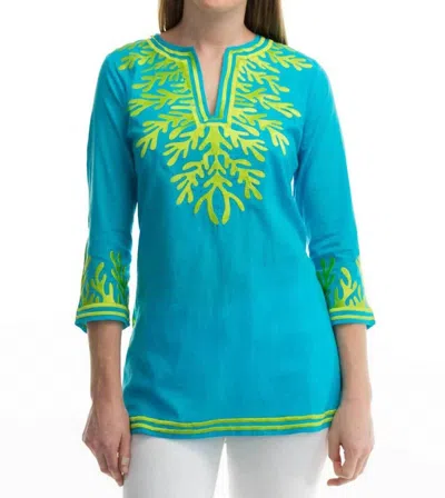Gretchen Scott Classic Embroidered Top In Turquoise/lime In Blue