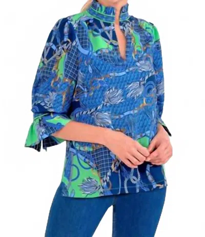 Gretchen Scott Ditto Ruffleneck Top In Blue, Navy & Green In Multi