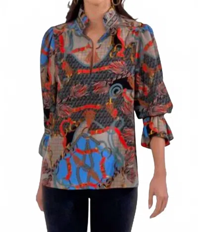 Gretchen Scott Ditto Ruffleneck Top In Brown, Blue & Orange In Multi