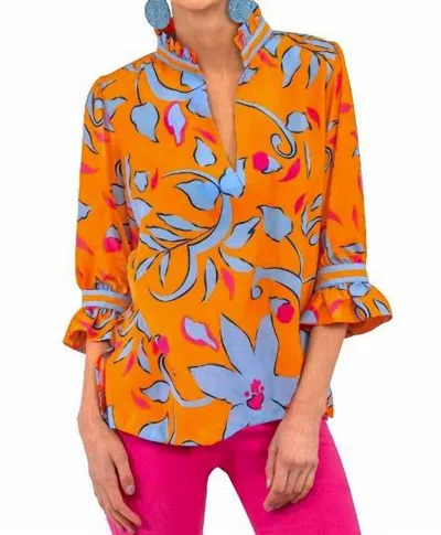 Gretchen Scott Full Bloom Ruffleneck Top In Orange & Periwinkle