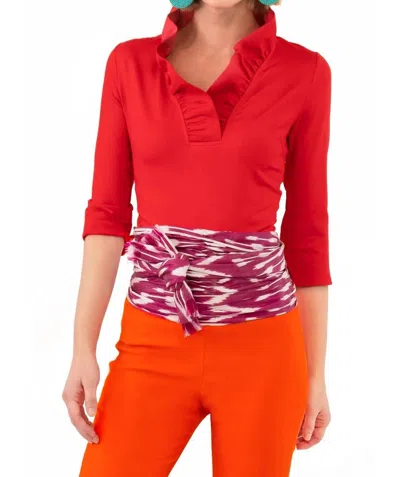 Gretchen Scott Jersey Ruffneck Quarter Sleeve Top In Red