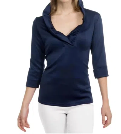 Gretchen Scott Jersey Ruffneck Top In Solid Navy In Blue