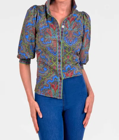 Gretchen Scott Passion Paisley Puff Sleeve Top In Olive In Blue