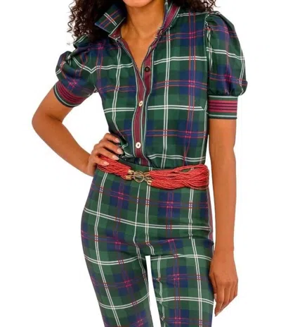 Gretchen Scott Puff Sleeve Top In Middleton Plaid Green
