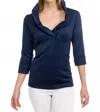 Gretchen Scott Jersey Ruffneck Top In Solid Navy In Blue