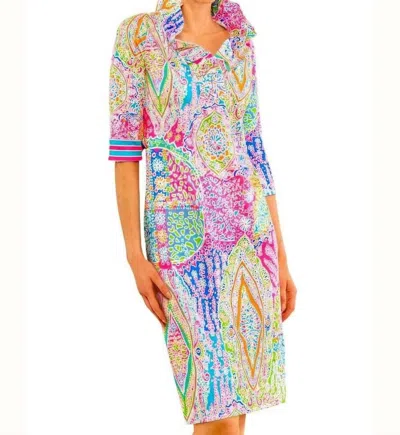 Gretchen Scott Ruffle Neck 3/4 Sleeves Dress In Brights In Multi