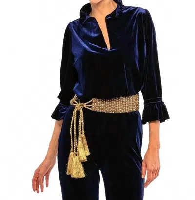 Gretchen Scott Ruffle Neck Tunic Top In Silky Velvet Navy In Blue