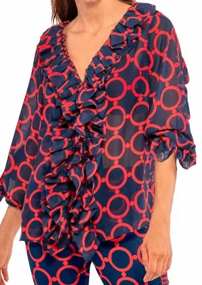Gretchen Scott Ruffle Stilt Skin V-neck Blouse In Dip & Dot Navy & Red In Multi