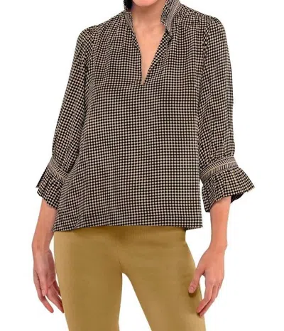 Gretchen Scott Ruffleneck Tunic Top In Black/khaki In Multi