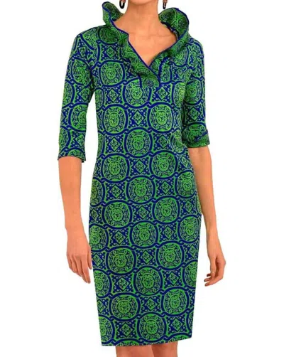 Gretchen Scott Ruffneck 3/4 Sleeve Dress In Royal Blue & Kelly Green In Multi