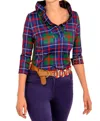 GRETCHEN SCOTT STAND UP RUFFLE NECK TOP IN BLUE/GREEN PLAID