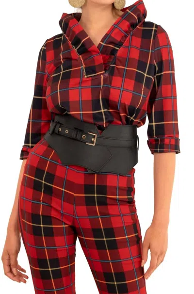 Gretchen Scott Stand Up Ruffle Neck Top In Red Plaidly Cooper In Multi