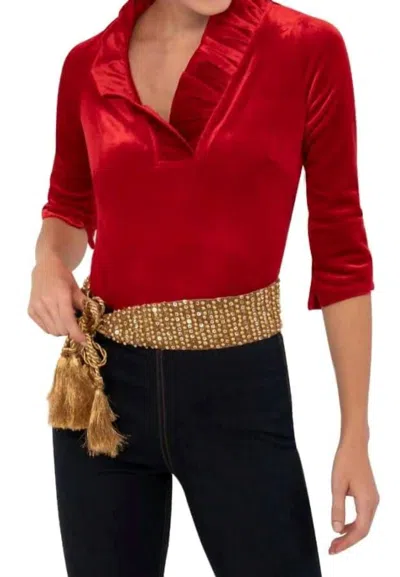 Gretchen Scott Stand Up Ruffle Neck Velvet Top In Red