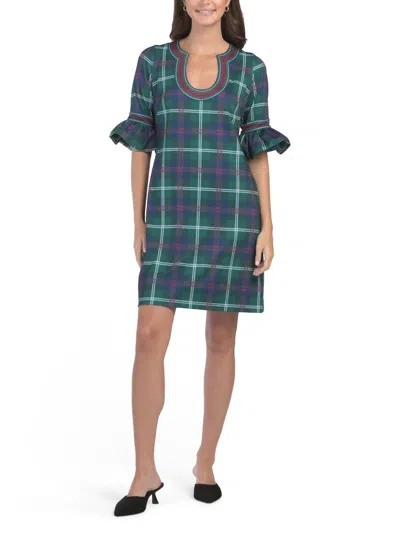 Gretchen Scott Three-quarter Sleeve Plaid Mini Dress In Green In Blue