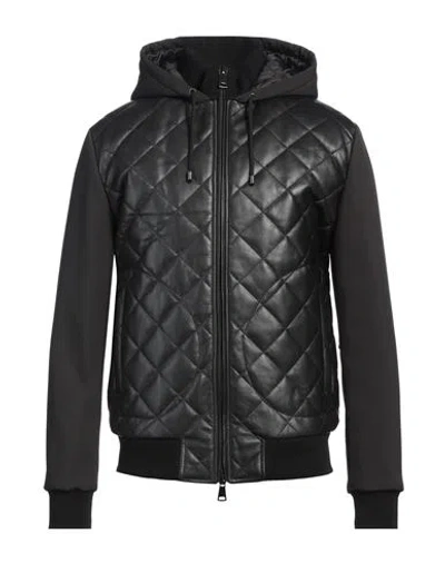 Grey Daniele Alessandrini Man Jacket Black Size 44 Ovine Leather, Polyester, Elastane