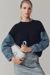 Grey Lab Crew-neck Denim-sleeve Mixed Media Sweater In Blue