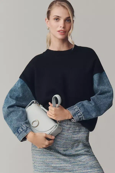 Grey Lab Crew-neck Denim-sleeve Mixed Media Sweater In Black
