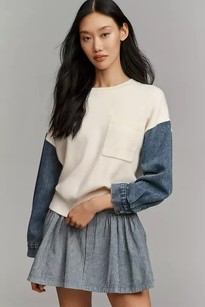 Grey Lab Denim Mixed Pullover Sweater In White