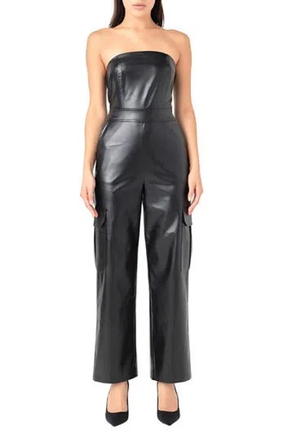 Grey Lab Faux Leather Strapless Cargo Jumpsuit In Black