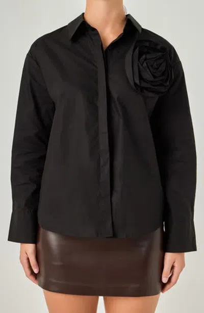 Grey Lab Flower Brooch Cotton Shirt In Black