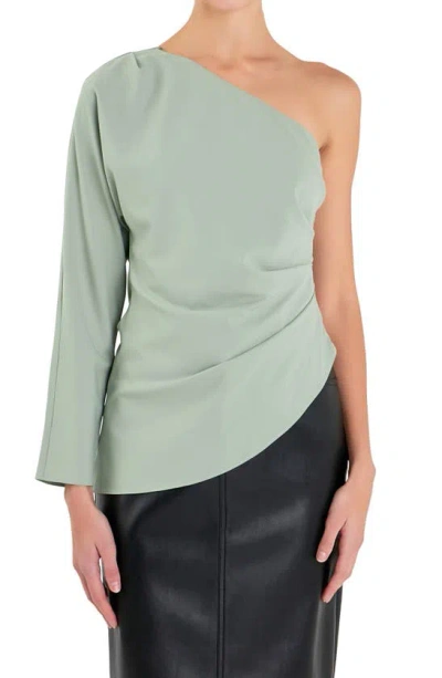 Grey Lab Gathered One-shoulder Asymmetric Top In Sage