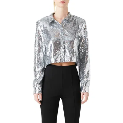 Grey Lab Sequin Hidden Placket Crop Button-up Shirt In Silver