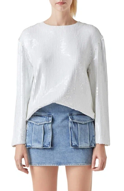 Grey Lab Sequin Long Sleeve Top In White